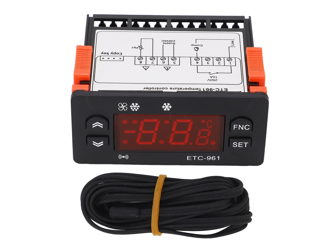 Controlador digital de temperatura para congelador de 230 V CA con conversión Fahrenheit/Celsius y calibración.