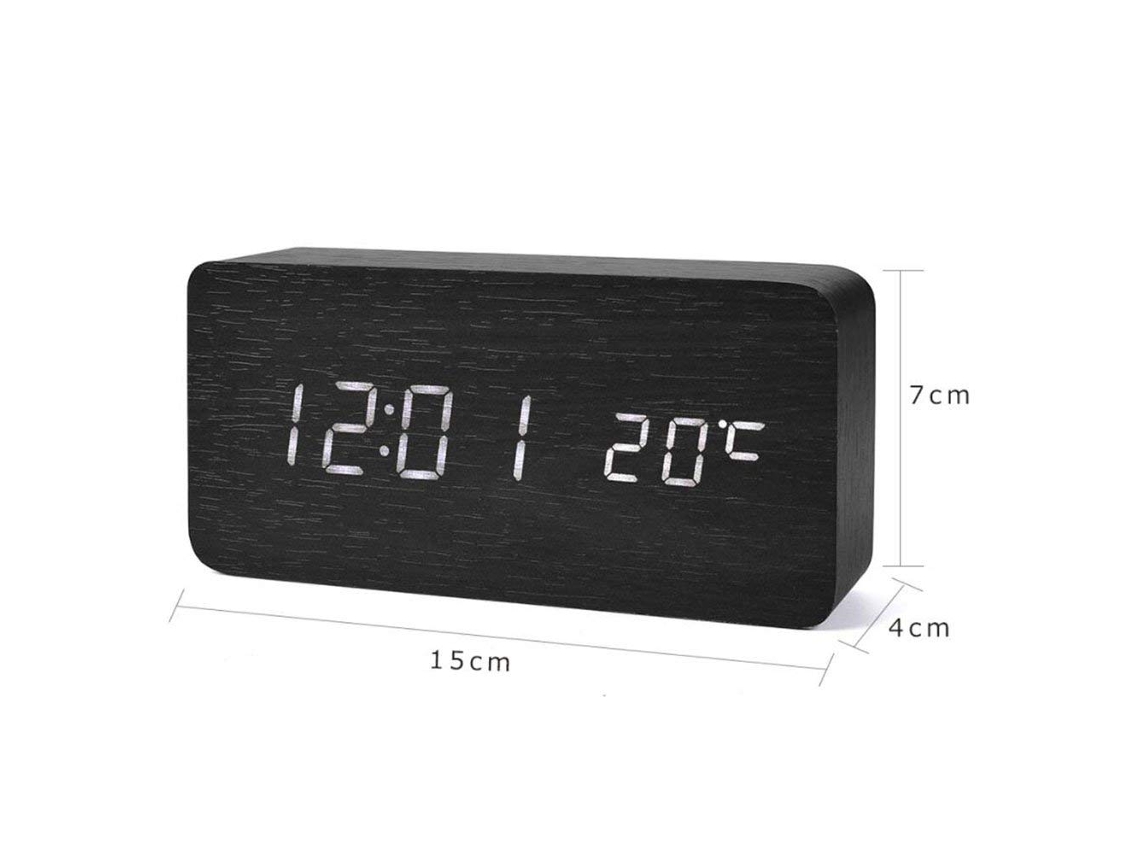 Reloj Despertador Digital Led Diseño Madera Negro/Rojo