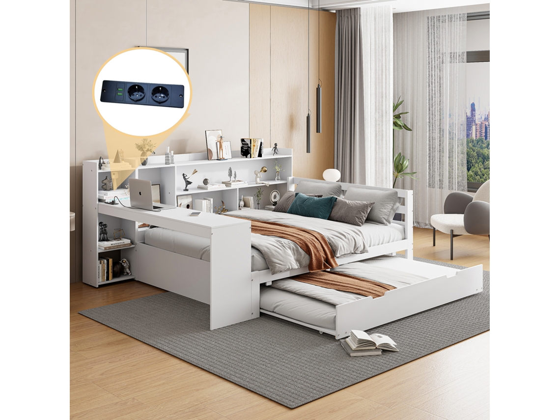 Sofá Cama De Madera Maciza De 140x200 Mm, Escritorio, Estantes, Toma De Corriente Blanca.