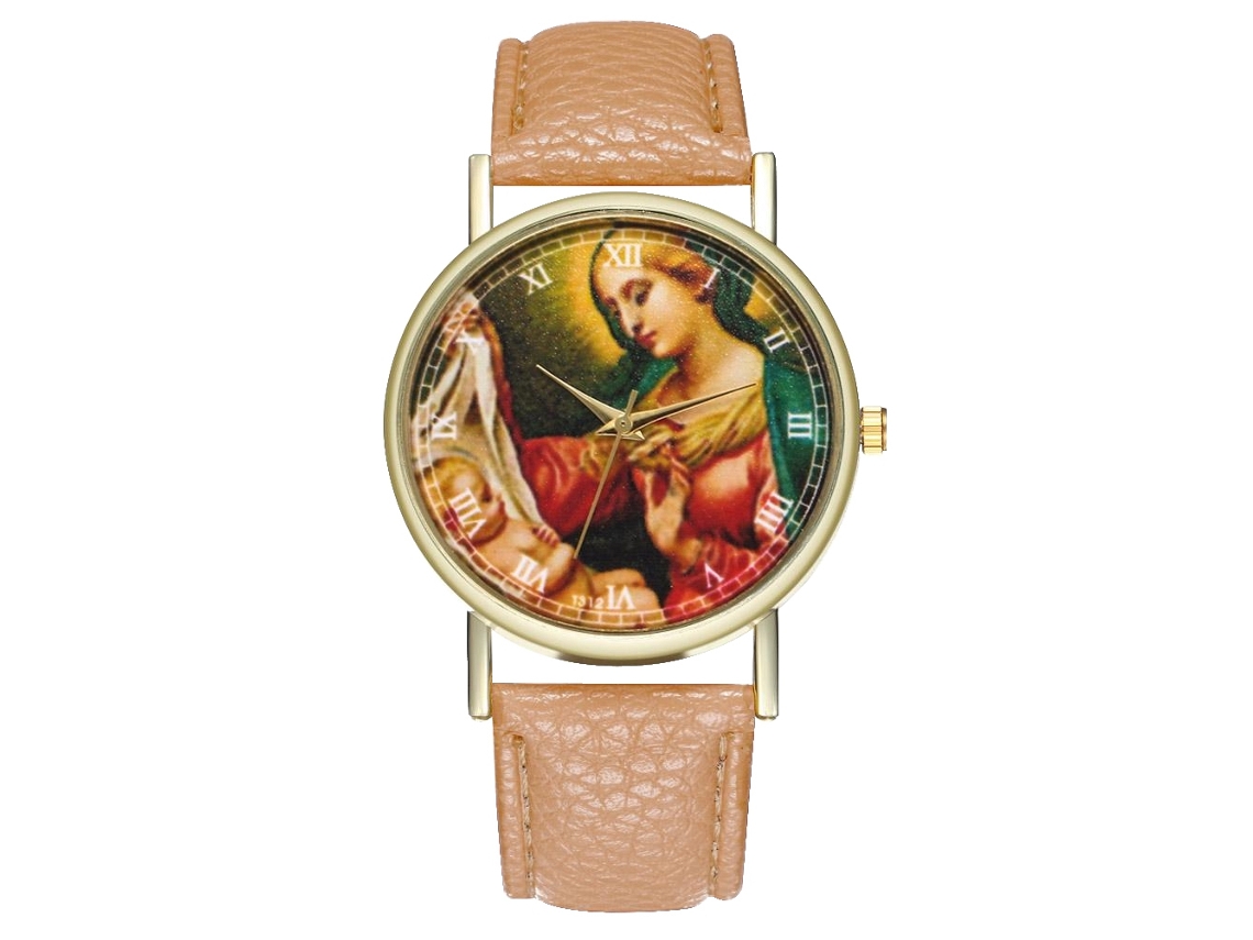 Reloj De Pulsera Unisex De Cuarzo Con Correa De Pu, Figura Estampada Y Esfera Redonda Beige.
