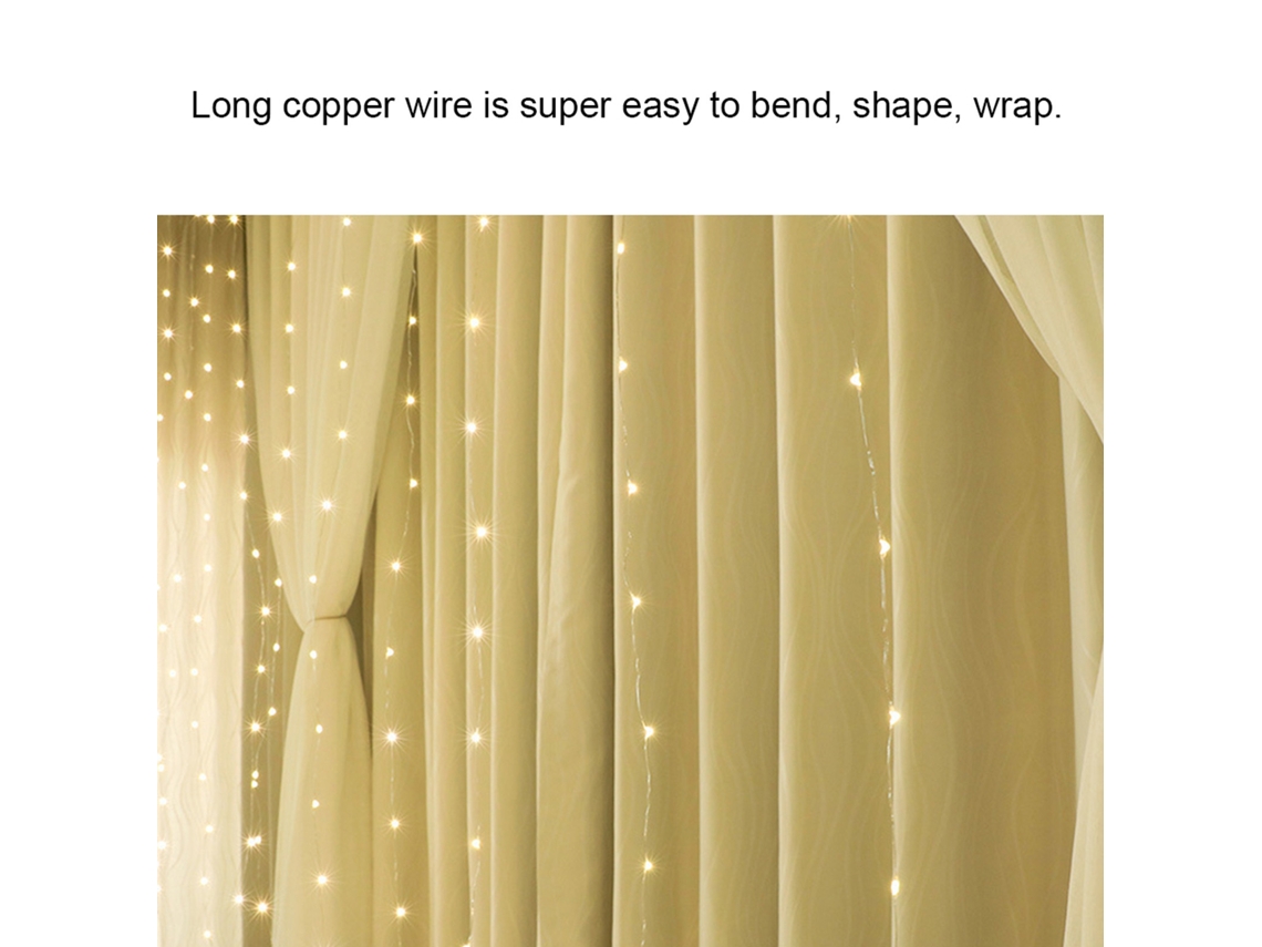 Lámpara USB de cable de cobre de 3x3 m con 300 LED y control remoto para fiestas, bodas y decoración de cortinas, luz blanca cálida.
