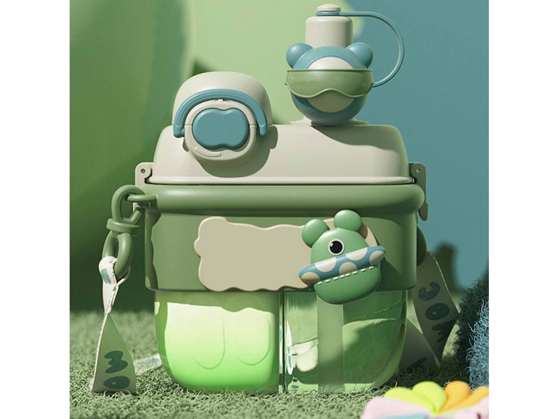 Bonita Botella De Agua De 500 Ml Con Pajita, Pegatina Y Correa Ajustable Para Viajes Infantiles - Verde