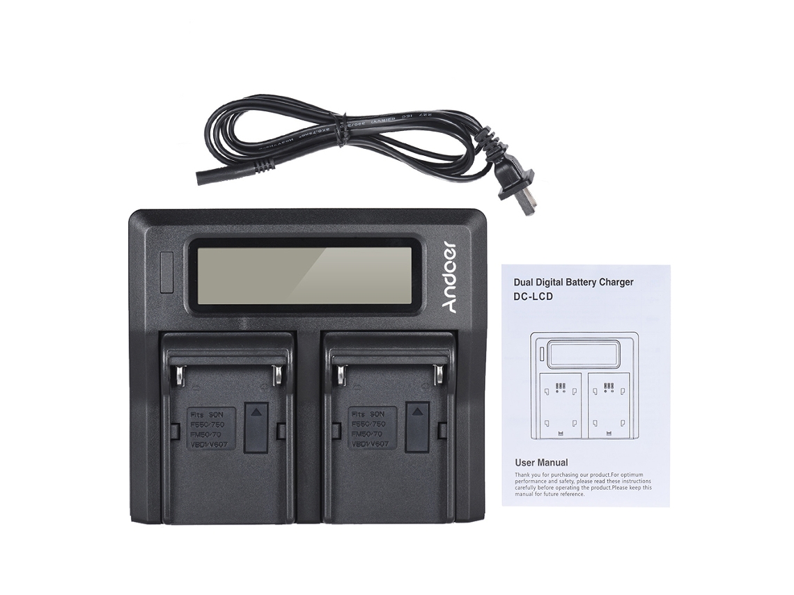 Cargador de batería doble para Sony NP-FZ100, NP-F970, Canon LP-E6 y más - Negro con pantalla LCD