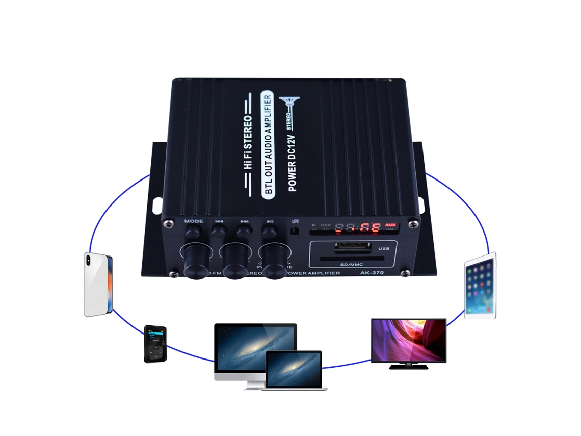 Amplificador De Áudio Ak370 Mini Portátil 20w+20w Com Controle Remoto Fm Bt Para Carro E Casa