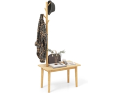 3 en 1 Perchero de Pie y Mesa Auxiliar, Perchero de Madera Maciza con 4 Ganchos para Sombreros, Bolsos y Abrigos, Perchero Con Banco (Natural) COSTWAY