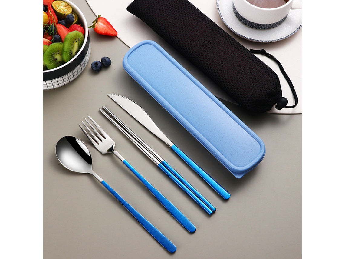 Juego de cubiertos portátil de acero inoxidable 304. Incluye cuchillo, tenedor, cuchara y estuche. Mdug (azul/plateado).