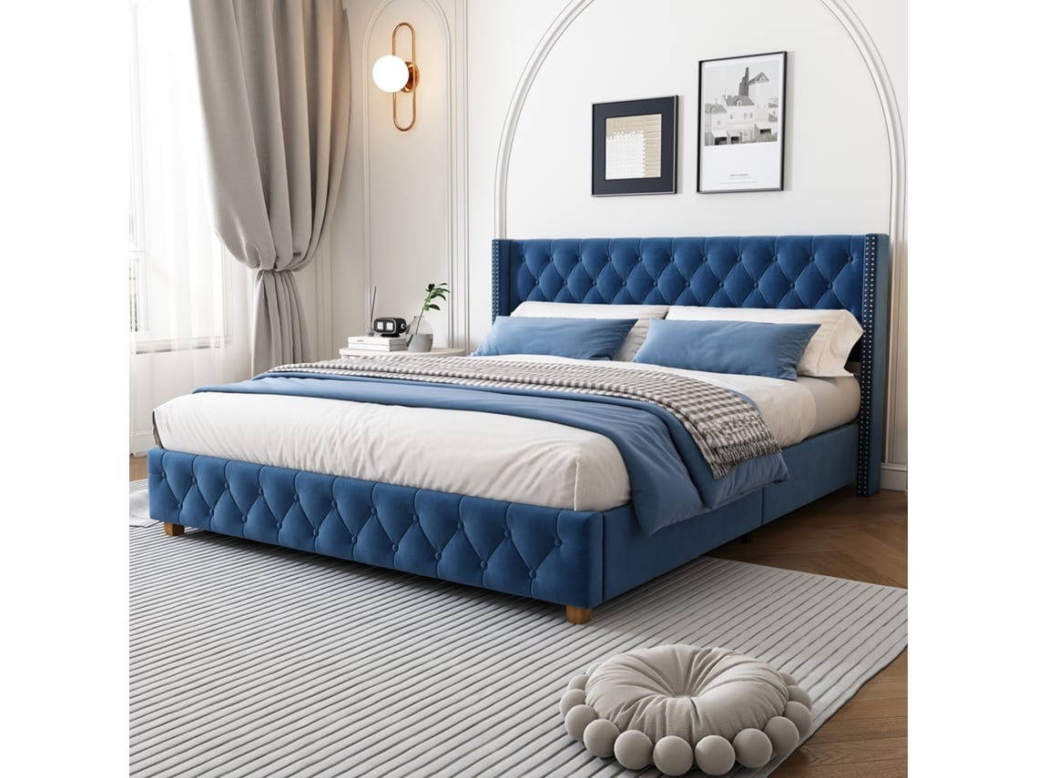 Cama De Matrimonio De 160x200 Cm, Terciopelo Azul, Botones Decorativos, Patas De Madera, Elegante.