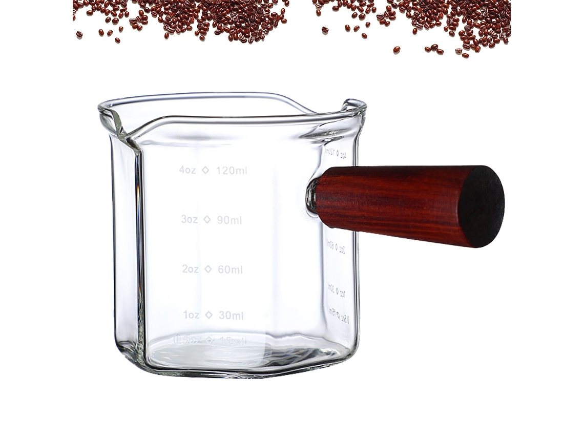 MEOIRUERY Taza Medidora para Espresso con Mango de Madera, Taza de Vidrio con Escala, Vaso para Espresso con Boca en V, Accesorios para Espresso de Vidrio Trans