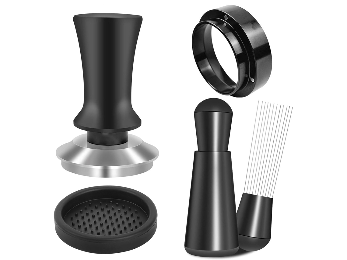 Apisonador de espresso con resorte de 51 mm, herramienta WDT y embudo dosificador (paquete de 3)
