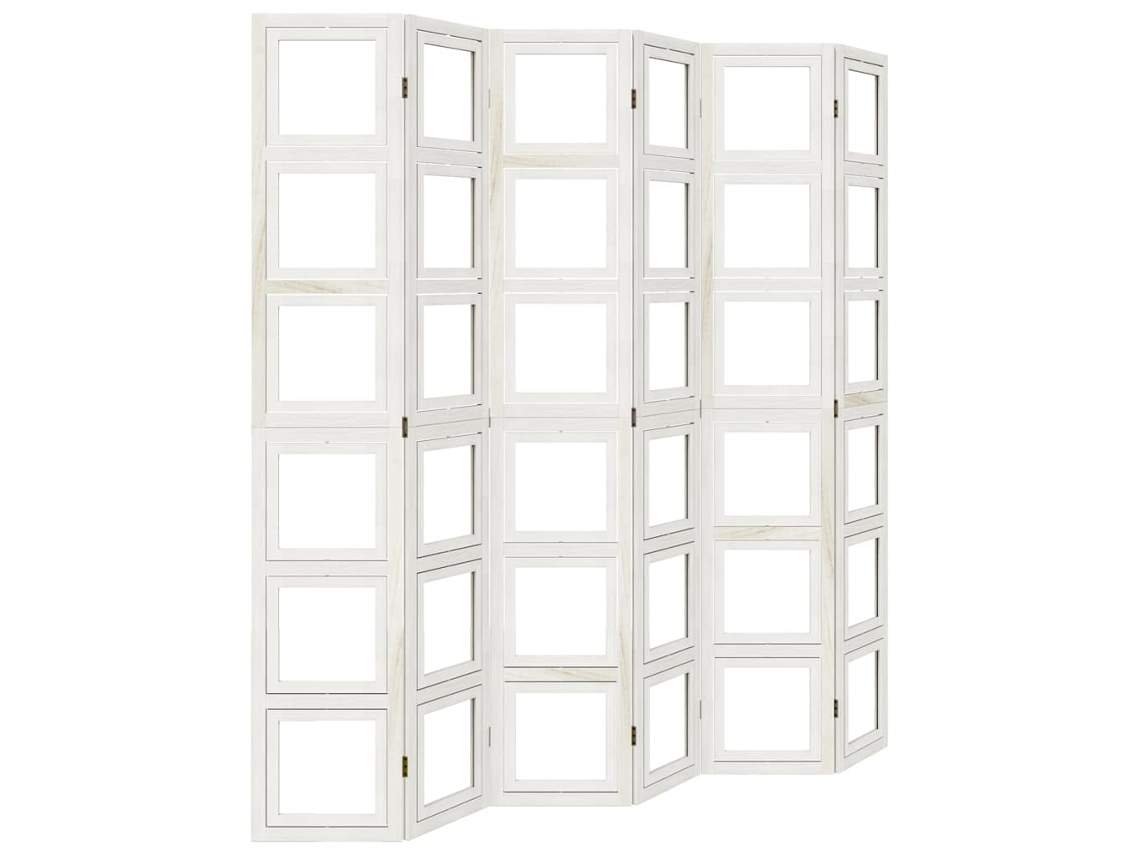 Biombo divisor de ambientes, 6 paneles, puerta para fotos, madera maciza de paulownia, acabado blanco envejecido Dec031066