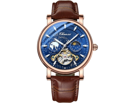 VEANXIN Reloj de pulsera mecánico con cuerda automática y fase lunar, resistente al agua, con correa de cuero-Negro