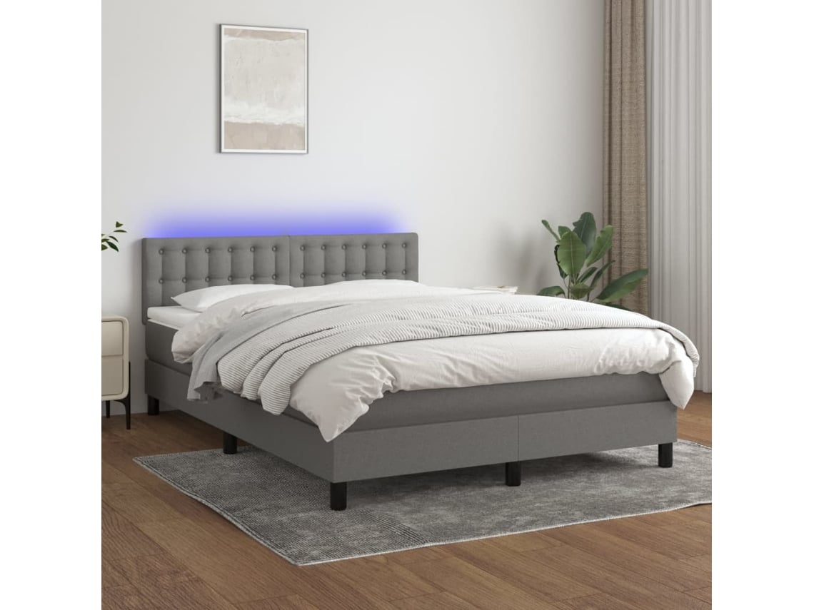 Cama Box Spring Colchón Y Luces Led Tela Gris Oscuro 140x190 Cm