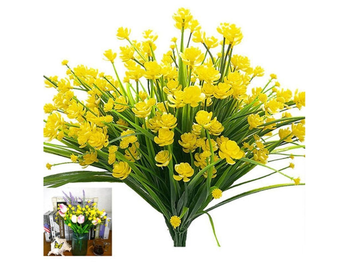 Flores Artificiales Amarillas, 4 Paquetes De Arbustos Verdes Resistentes A Los Rayos Uv Para La Decoración Del Jardín O La Casa.