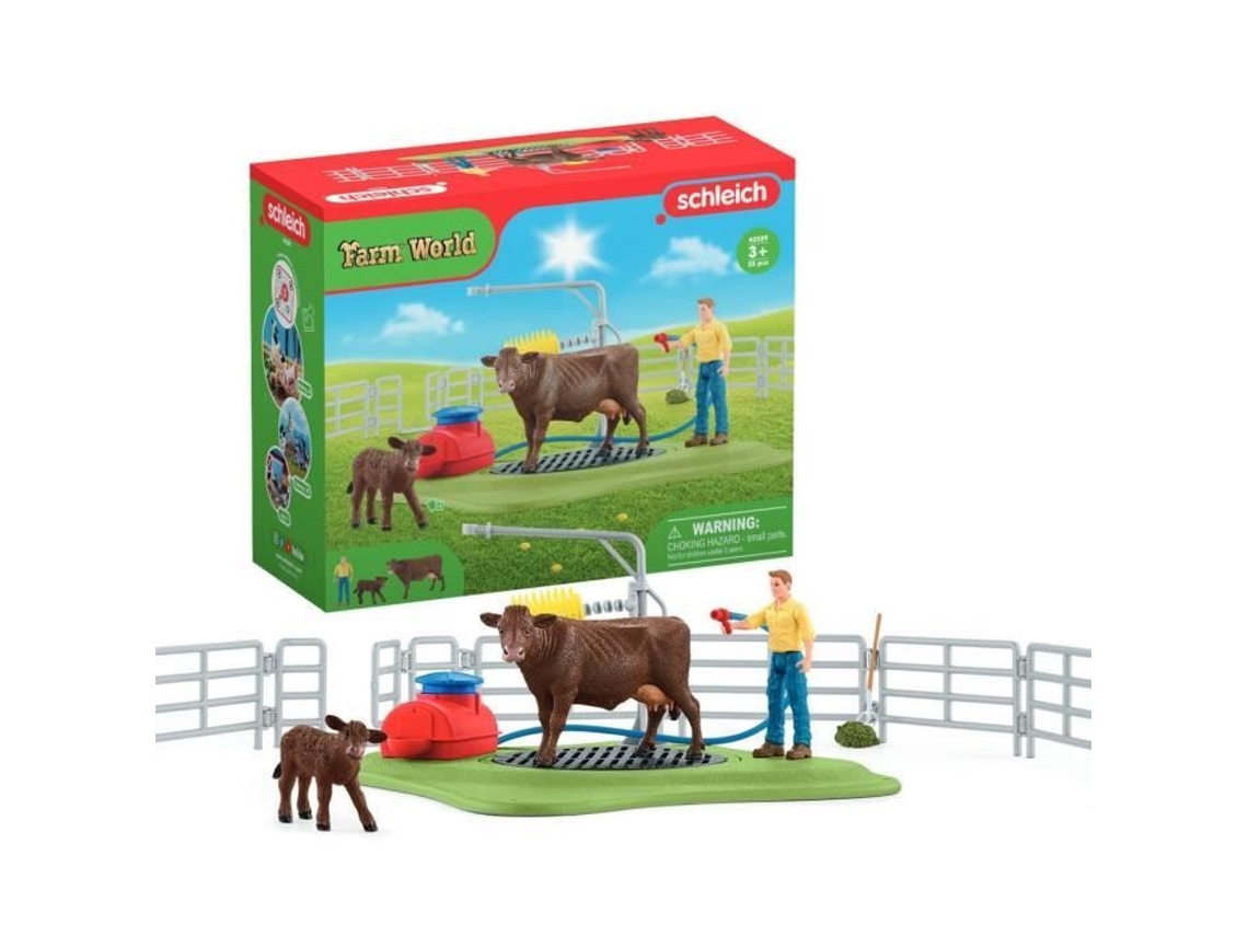 Estación de lavado de vacas, set de juego con 1 figura de vaca, 1 ternero y 1 figura humana Schleich 42529 Farm World