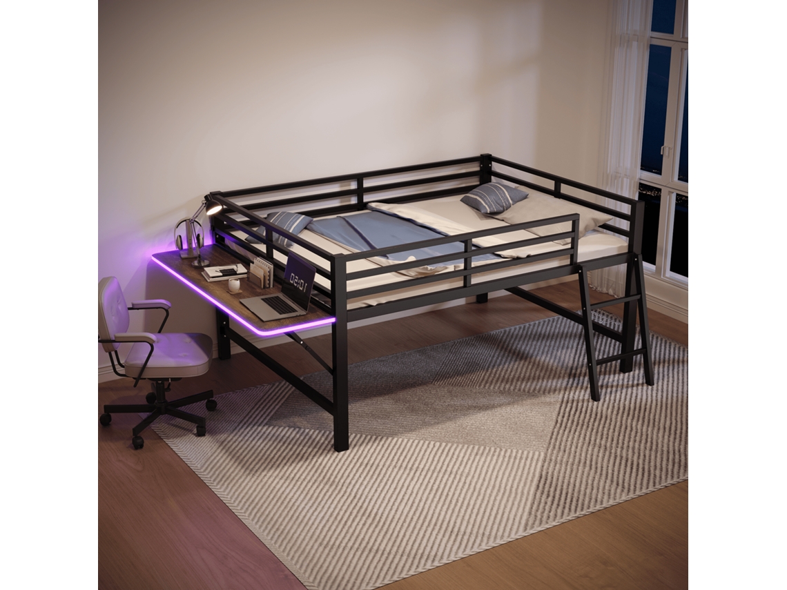 Cama Baja 140x200 Cm - Metal, Sin Colchón, Barandilla, Escalera, Escritorio, Tira Led - Negra