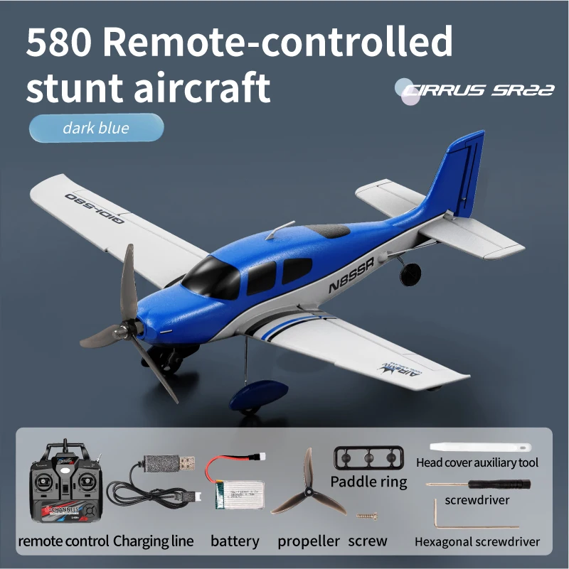 Avião de controle remoto (azul), 2.4G, 6 canais, 520 mm de envergadura fixa, motor brushless