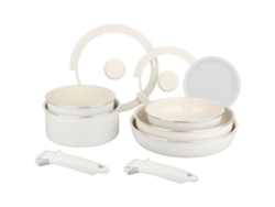 Sitram 716977 Juego de utensilios de cocina de aluminio y cerámica de 10 piezas (blanco, sin banderas), incluye 2 sartenes, 2 cacerolas y sartenes para saltear, apto para todo tipo de estufas, inducción.