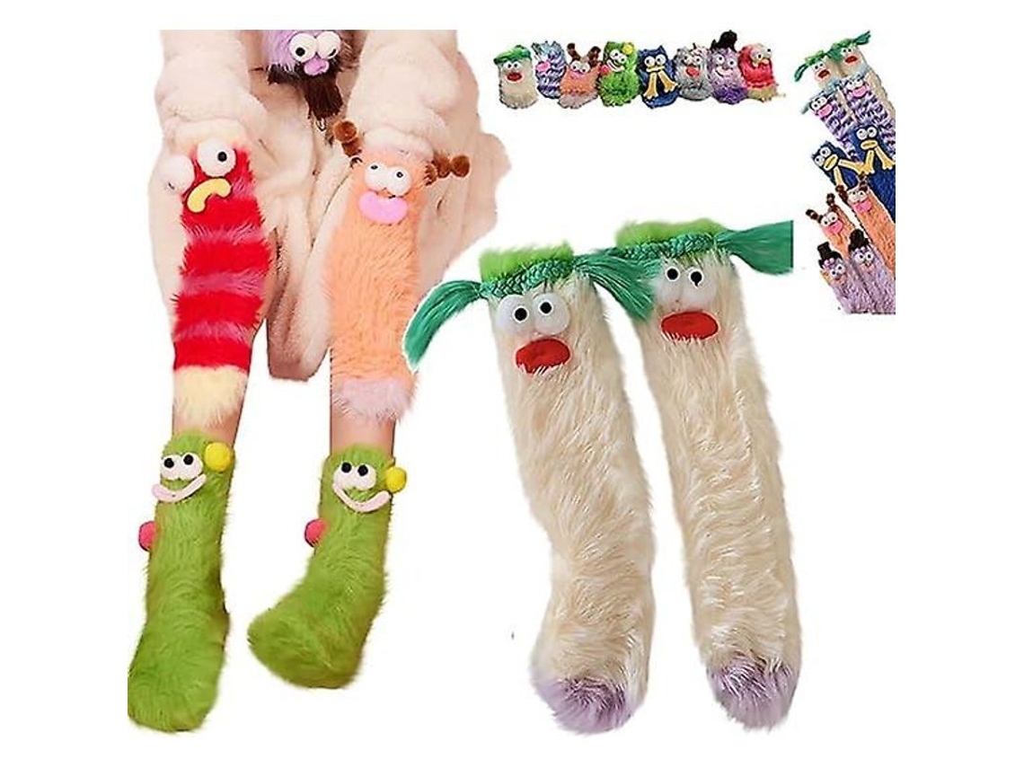 Calcetines divertidos y peludos con estampado de monstruos en terciopelo coral, modelo 2026, cálidos y cómodos para Navidad, regalo ideal para mujeres.