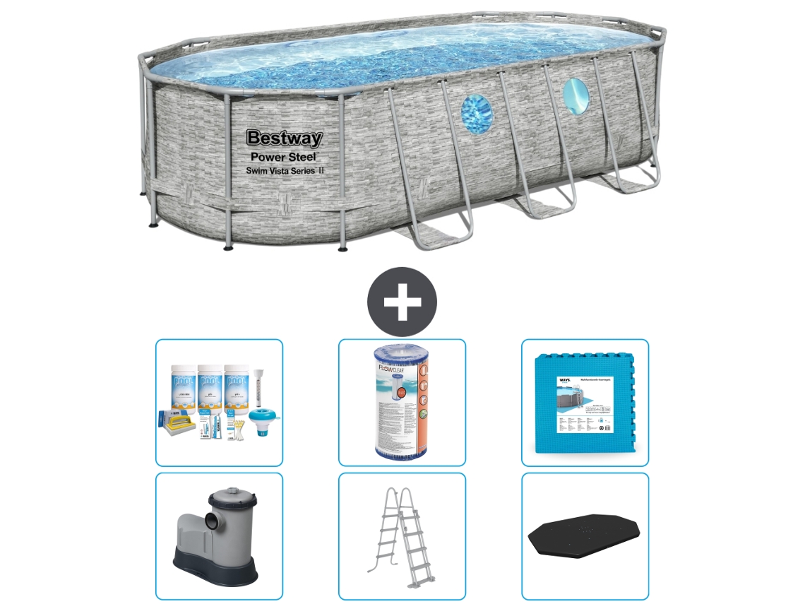 Piscina BESTWAY Oval Power Steel Swim Vista - Estampado Piedra - 549 x 274 x 122 - Incluye Bomba - Escalera - Cobertor Accesorios CB30