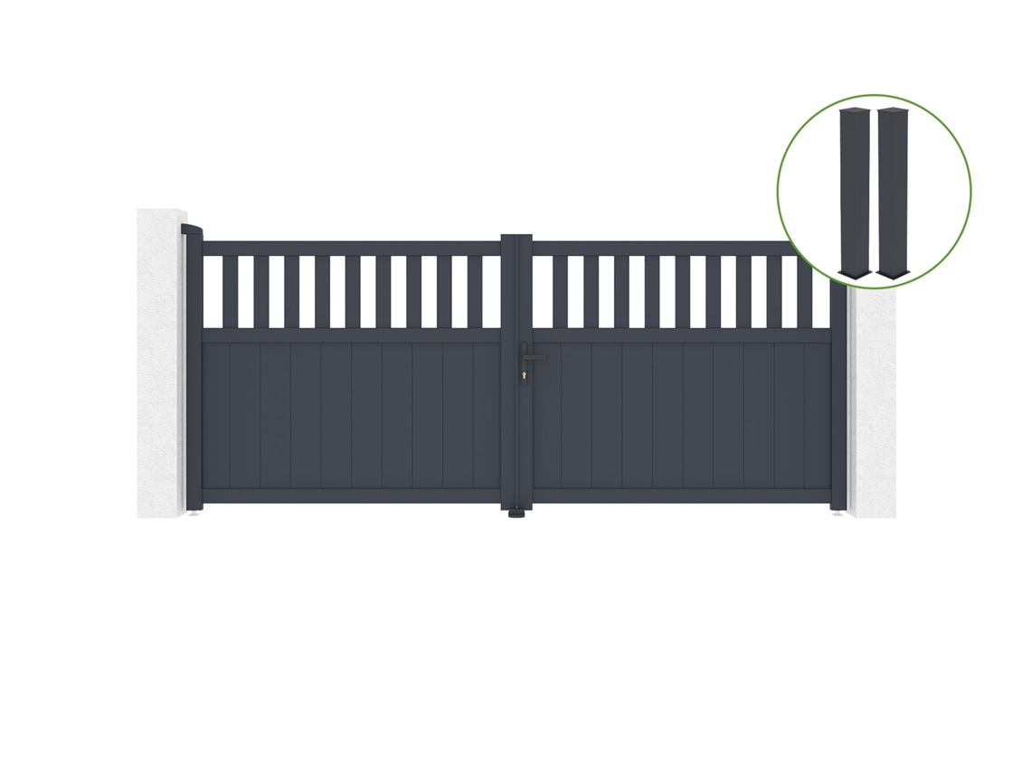 Puerta abatible 3,4m SANTIS H.140cm aluminio gris 2 postes 20x20cm H.166cm CASANOOV
