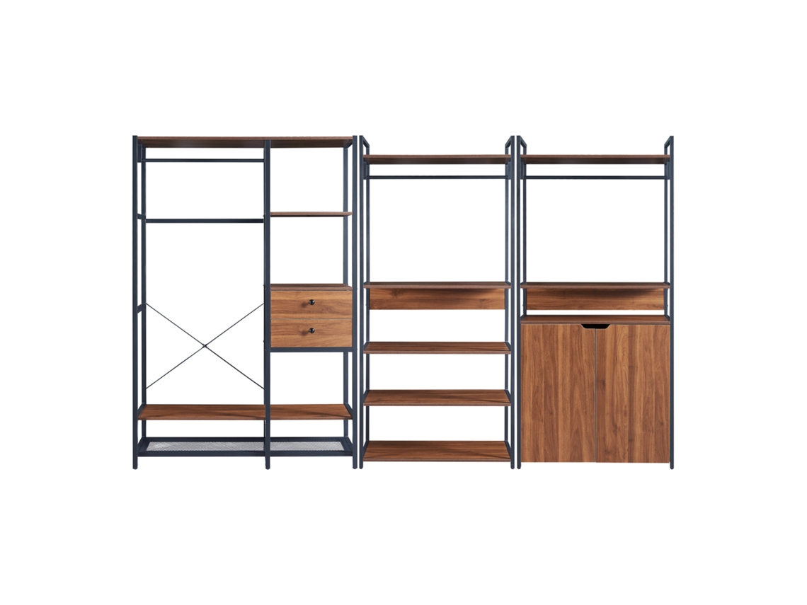 Conjunto de 3 percheros Larem con 2 cajones, 7 estantes y 1 compartimento - Negro/Efecto Nogal [EN.CASA]