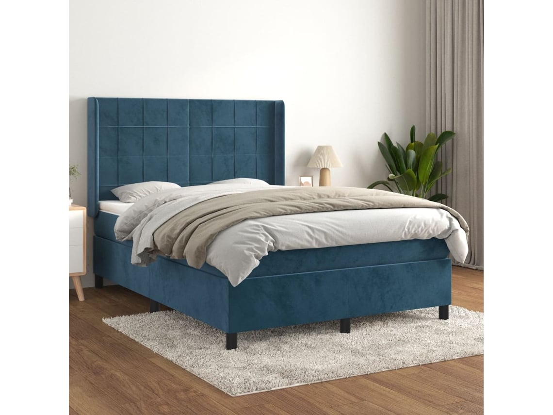 Cama Box Spring Con Colchón Terciopelo Azul Oscuro 140x200 Cm