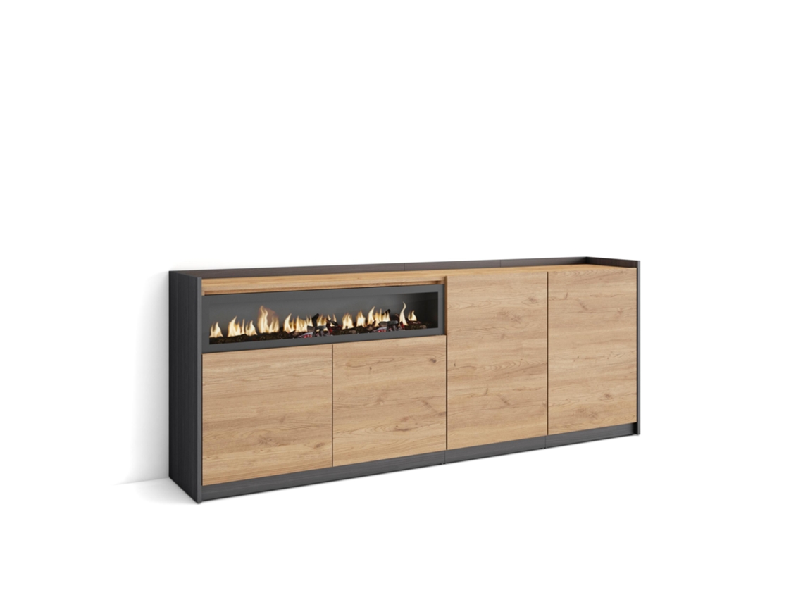 Aparador de comedor, 207x37x80cm, 4 puertas, chimenea eléctrica, roble y negro.