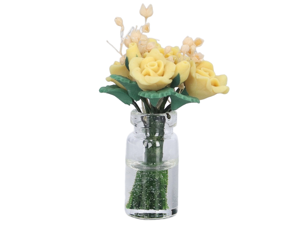 Rosa amarilla en miniatura para casa de muñecas, flor decorativa artificial de arcilla.