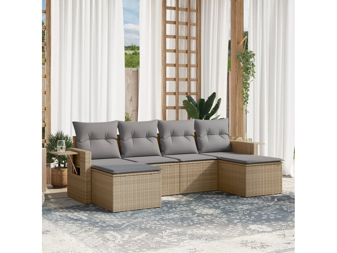Conjunto de sofá de jardín de 6 piezas con cojines, mimbre sintético beige, Dkd Home Decor