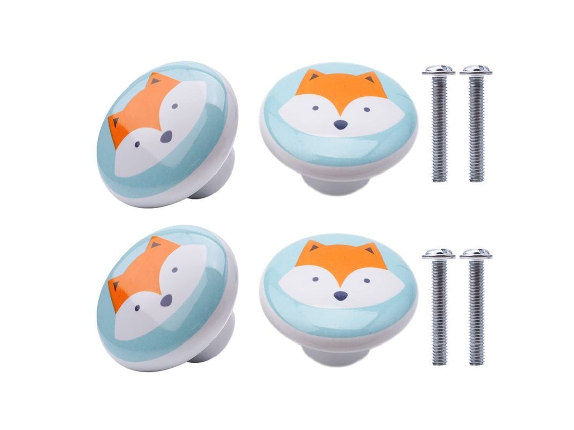 4 Perillas Cerámica Armario Diseño Zorro Naranja Mango Cajonera Niños
