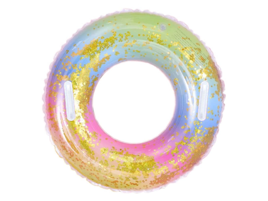 Flotador inflable transparente para piscina con lentejuelas de arcoíris, flotador premium con confeti para fiestas y vacaciones inolvidables en la piscina.