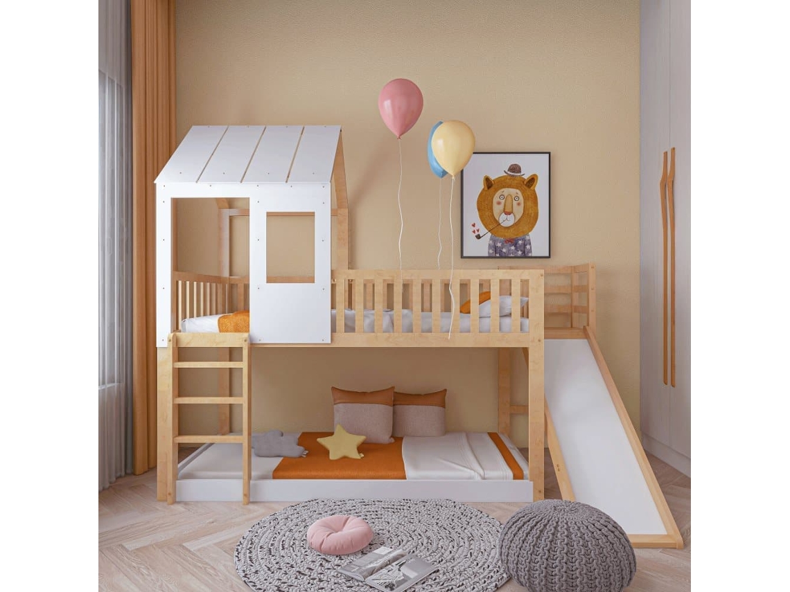 Litera 90x200 Cm De Madera Maciza - Con Escalera Y Tobogán - Somieres De Láminas - Natural