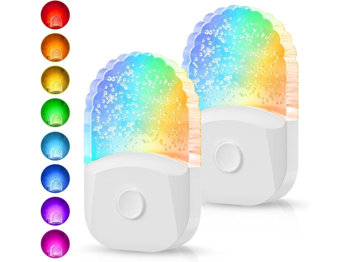 2 luces nocturnas con enchufe de pared, luz nocturna que cambia de color para niños, luz nocturna LED RGB de 8 colores (blanca)