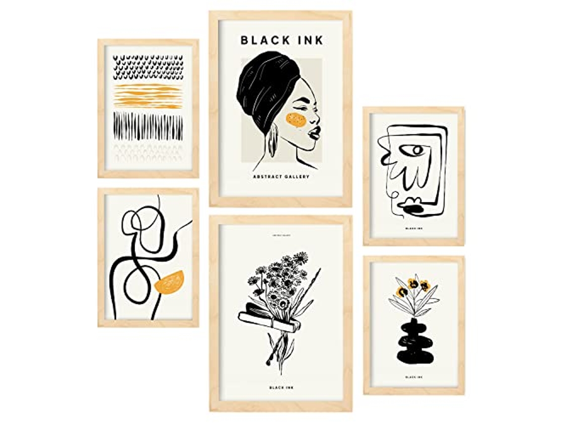 NACNIC Set De 6 Posters En Tinta Negra Natural Láminas Artísticas Y Abstractas Para  Tamaños A3 & A4 Marcos Color Madera