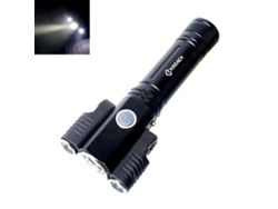 Linterna LED T6xpe, recargable vía USB, con enfoque fijo y cuatro modos de iluminación.