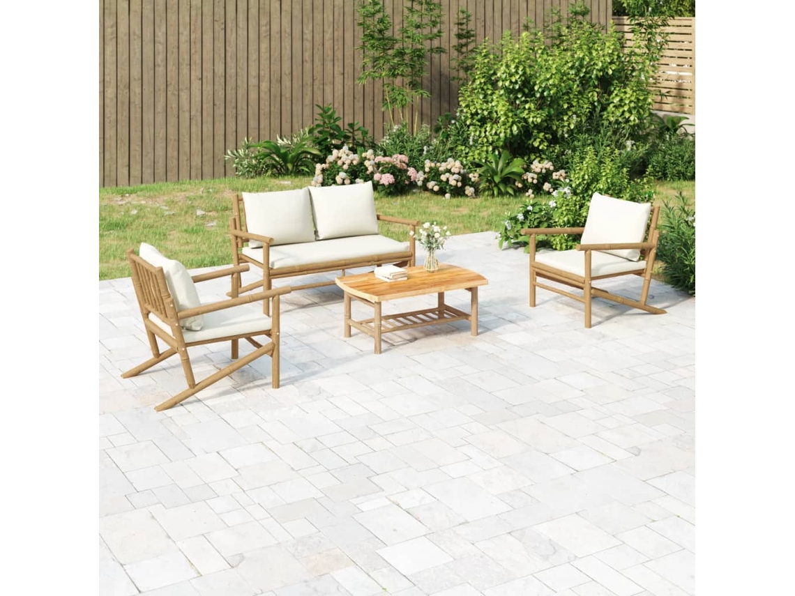 Conjunto de jardín de bambú de 2 piezas con cojines en blanco crema, Dkd Home Decor