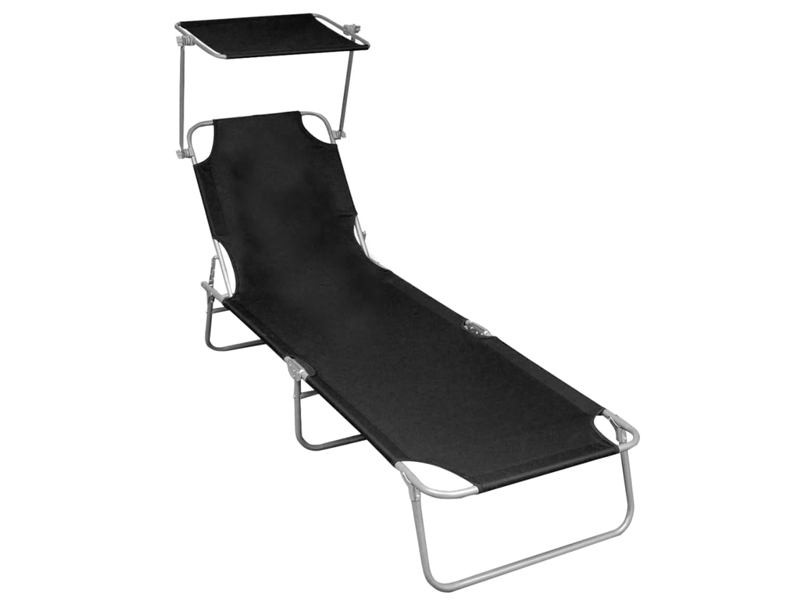 Tumbona plegable Mueble para patio Asiento de jardín con toldo de aluminio negro