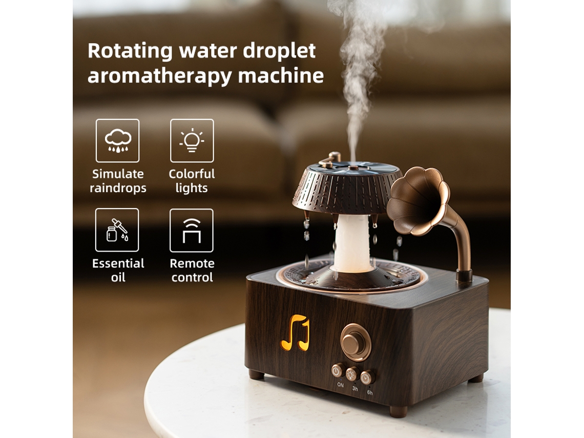 Humidificador giratorio con forma de gota de lluvia, 250 ml, fonógrafo con caja de música, humidificador de aromaterapia Mdug