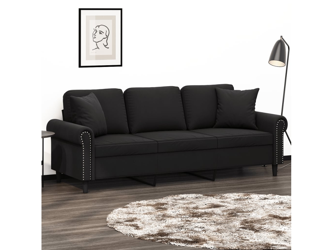 Sofá De 3 Plazas Con Cojines Terciopelo Negro 180 Cm