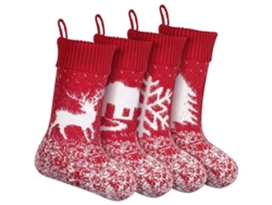 Juego De 4 Calcetines Navideños Grandes De Punto Rojo Y Blanco De 45 Cm Para Toda La Familia.
