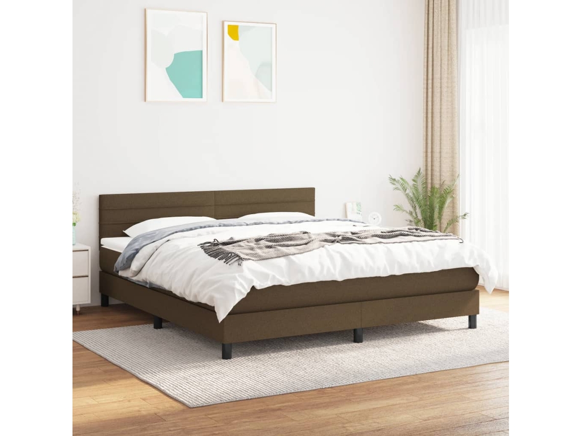 Cama Box Spring Con Colchón Tela Marrón Oscuro 160x200 Cm