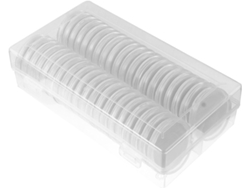 Caja de plástico para almacenar 40 cápsulas redondas para monedas con cierre protector.