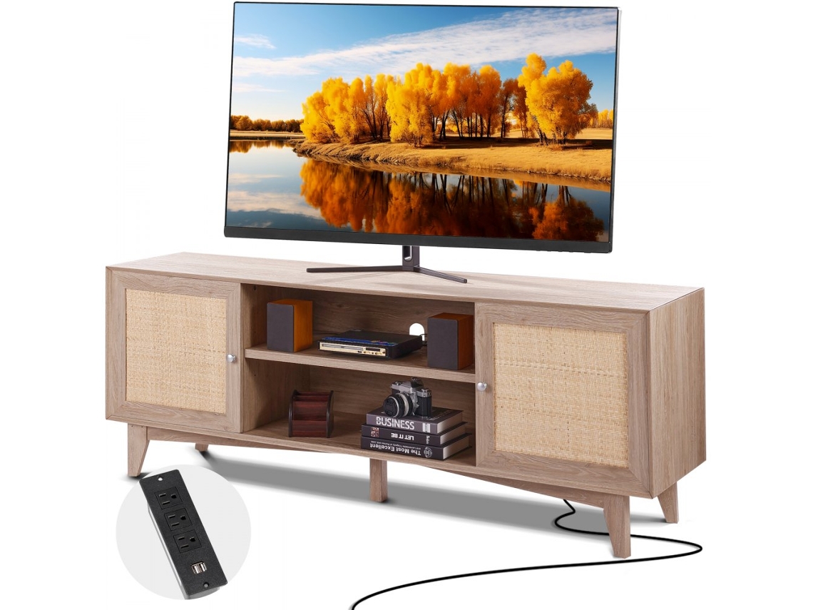 Mueble de TV de ratán con estantes, tomas USB y diseño moderno de Tekmaquinas