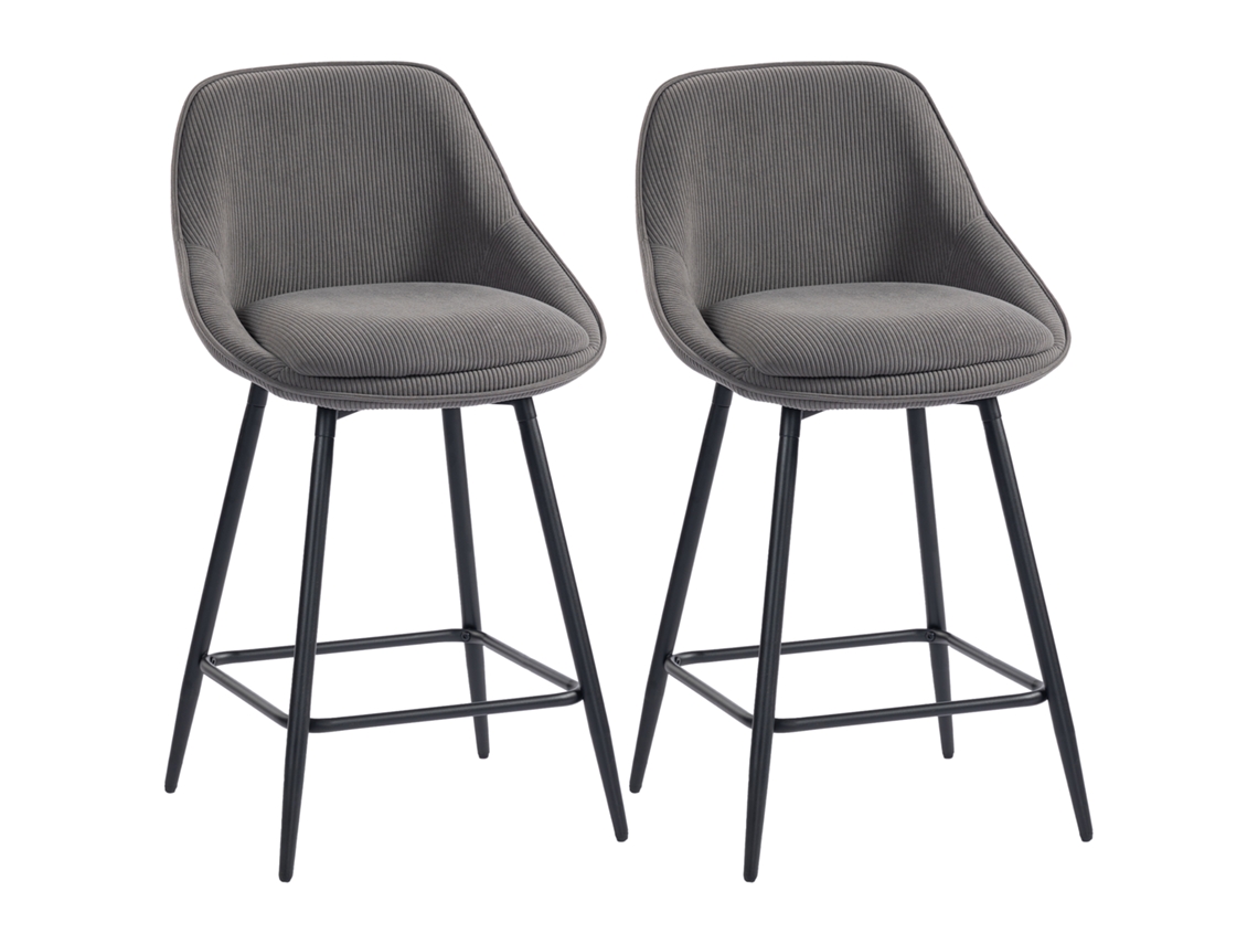 Juego de 2 taburetes de bar de pana con patas de acero gris.