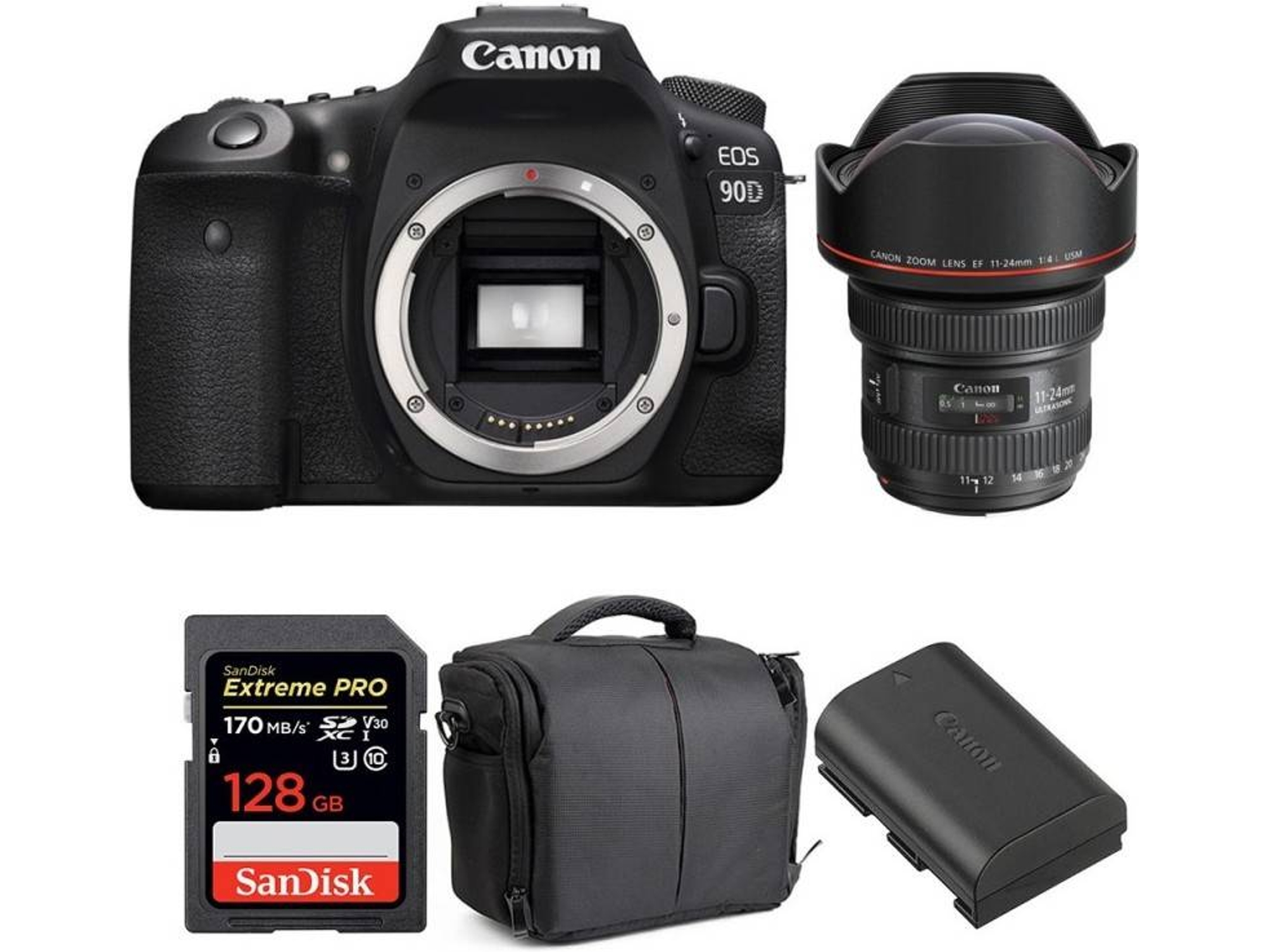 Kit Cámara Réflex CANON EOS 90D + EF 11-24mm f/4L USM + SanDisk 128GB + LP-E6N + Bolsa