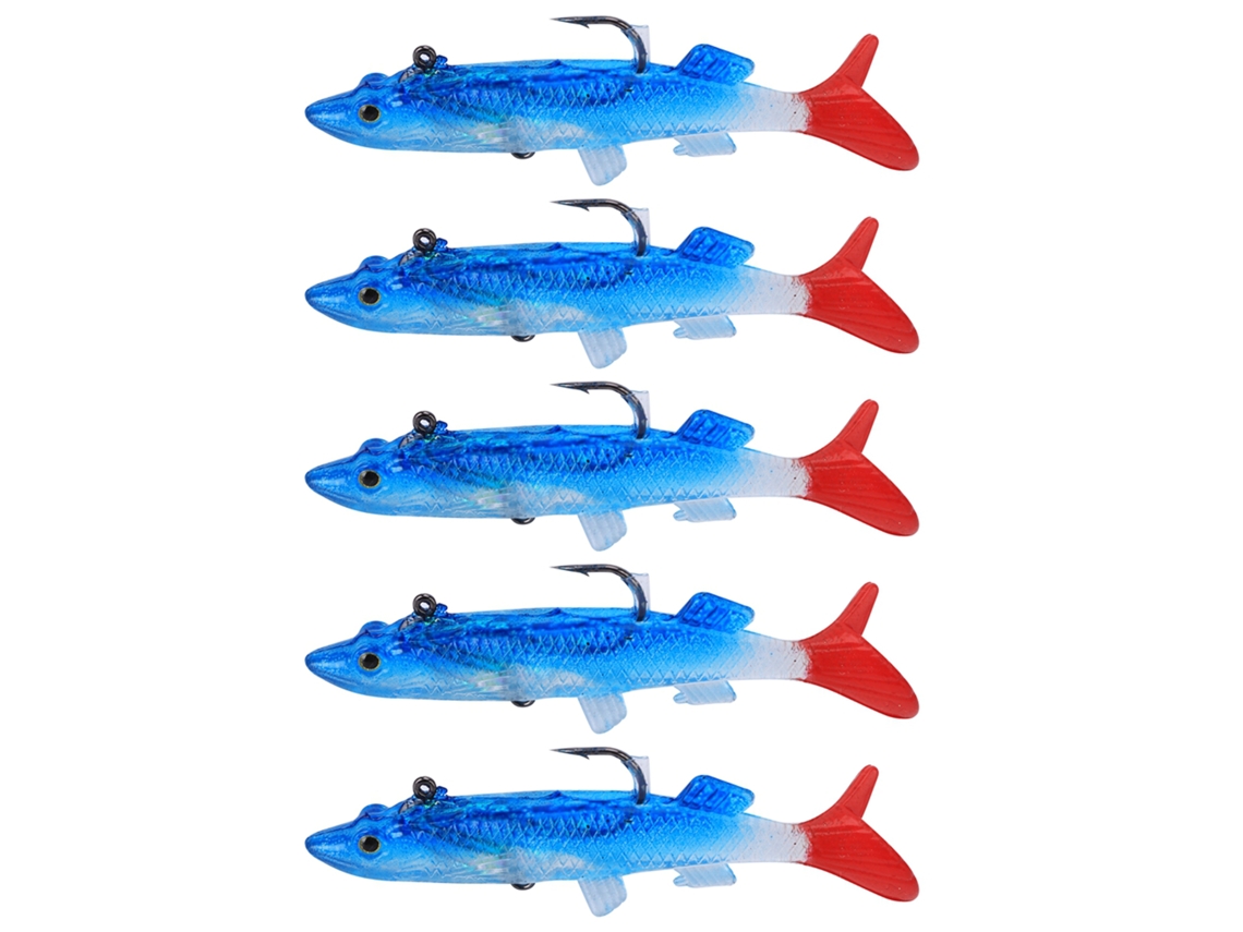 Danu26-5pcs Bolsa Cebo Suave Pvc Cuerpo Azul Cola Roja Para Pesca En Agua Salada Zander Accesorio De Pesca