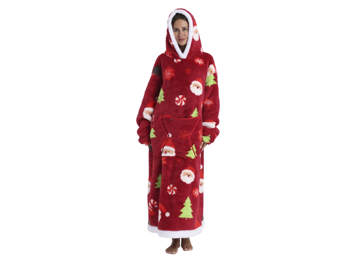 Bata Estilo Sudadera Y Manta De Felpa Extrasuave. Triple Bolsillo Frontal Tipo Canguro. Diseño Navideño Tipo Largo.