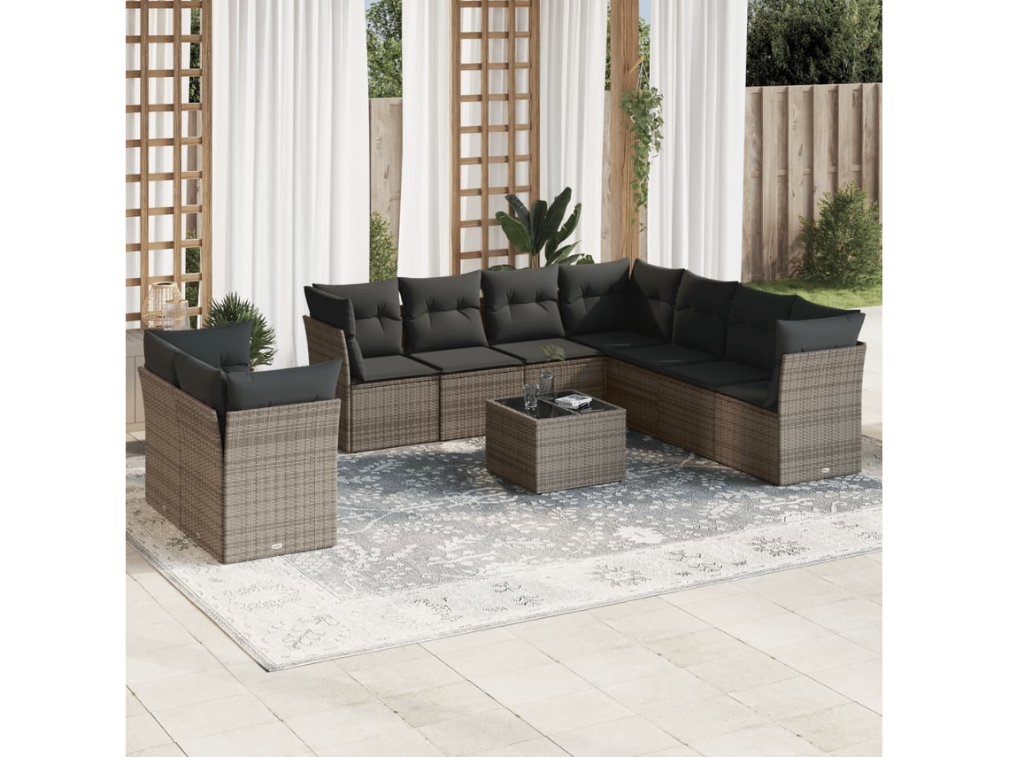 Conjunto de sofá de jardín de 10 piezas con cojines, ratán gris, DKD Home Decor