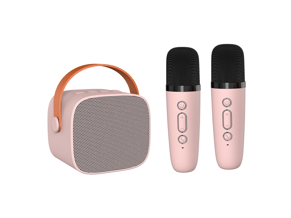 Mini Máquina de Karaokê Infantil com Alto falante Portátil e Microfone Sem Fio MDUG (microfone Duplo Rosa)