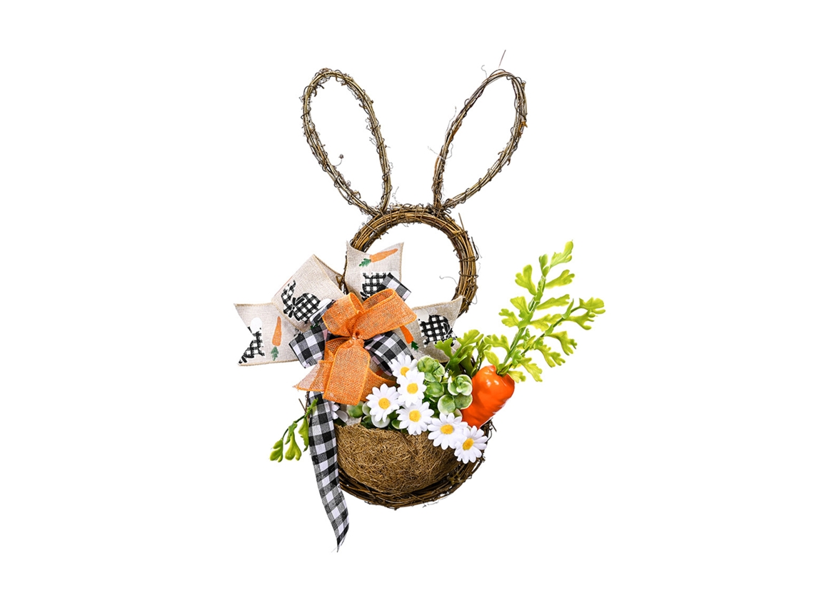 Corona de mimbre, cesta de conejos, flores, decoración de Pascua, decoración del hogar